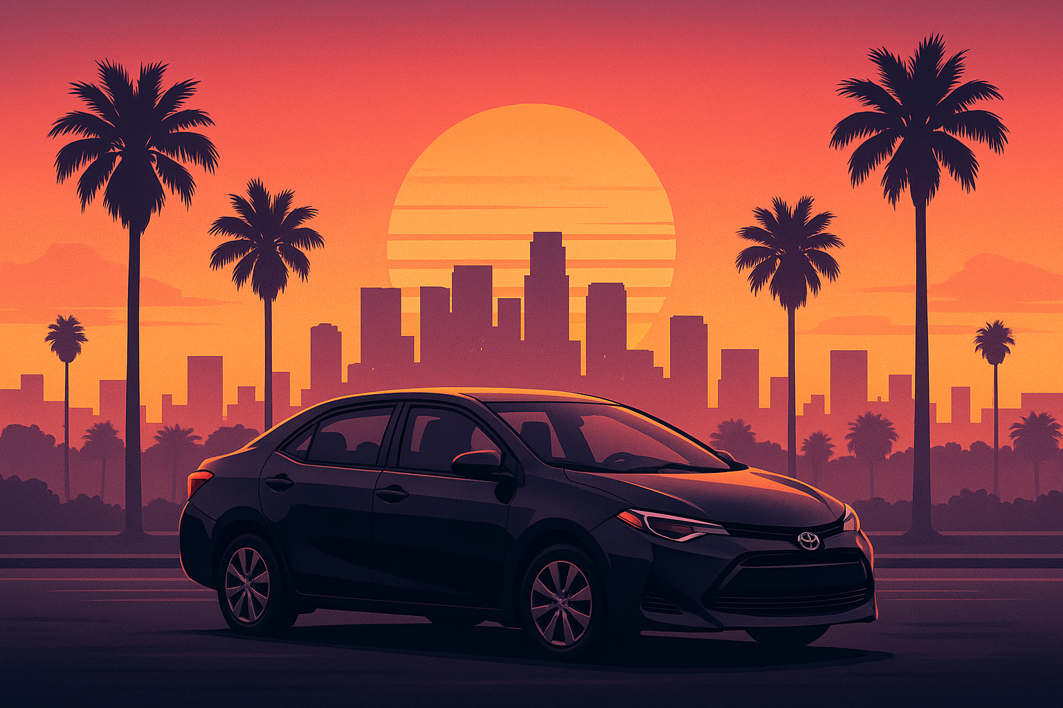 Stylized black sedan parked under California sunset with palm trees, representing Clydacus rideshare service